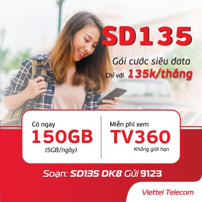 SD135 - Gói CÆ°á»c 4G Viettel "Siêu DATA" Có 5GB/Ngày